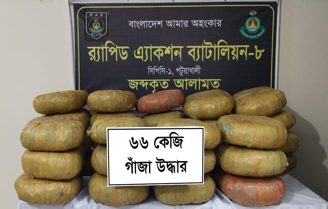 পটুয়াখালী পায়রা সেতু এলাকায় র‌্যাবের অভিযানে পিকআপের গোপন চেম্বার থেকে ৬৬ কেজি গাঁজা উদ্ধার ‎